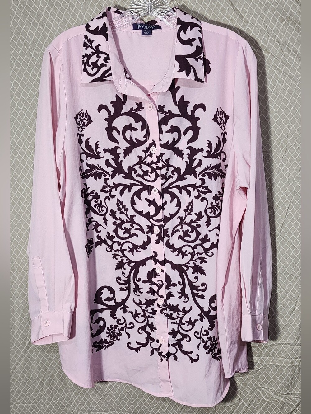 Roaman's Button Down Long Sleeve Scroll Pattern Blouse Women's 16W Great Shape